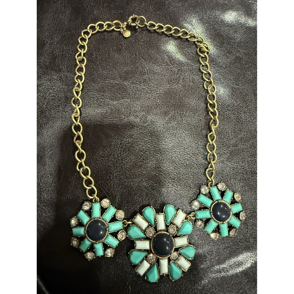 J Crew Statement Necklace Gold Tone Turquoise‎ Blue Flower Gemstone Pendant